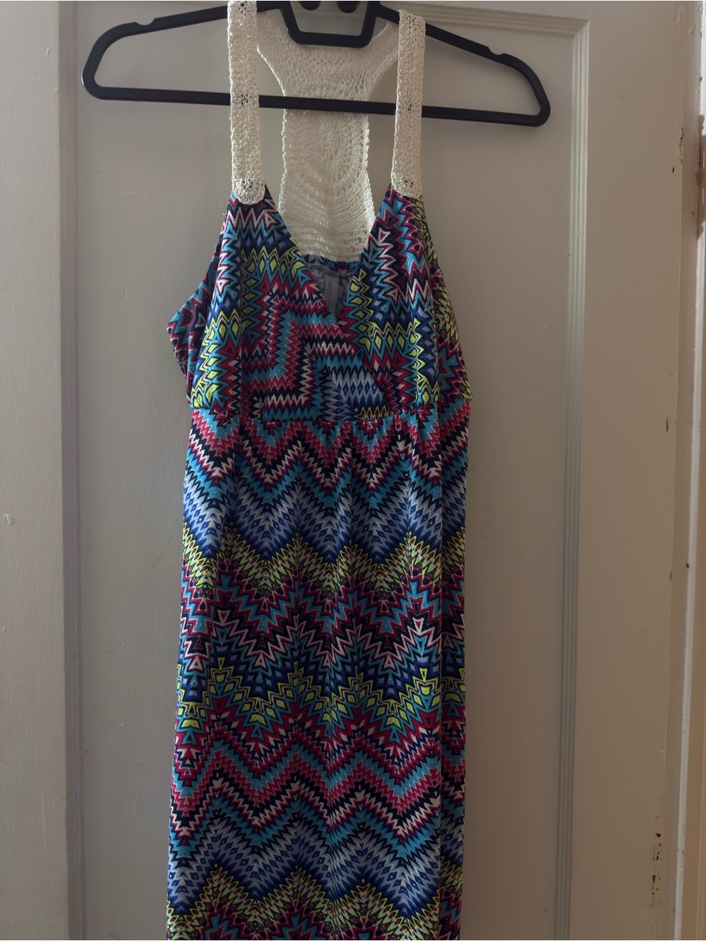 No Boundaries Multicolor Chevron Mini Dress with Cream Lace Straps